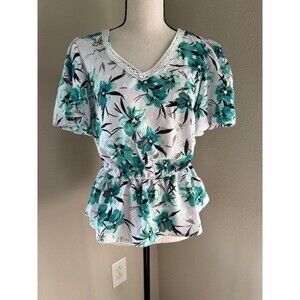Adrienne Vittadini White Black and Green Floral Top with rouche sleeves Sz S